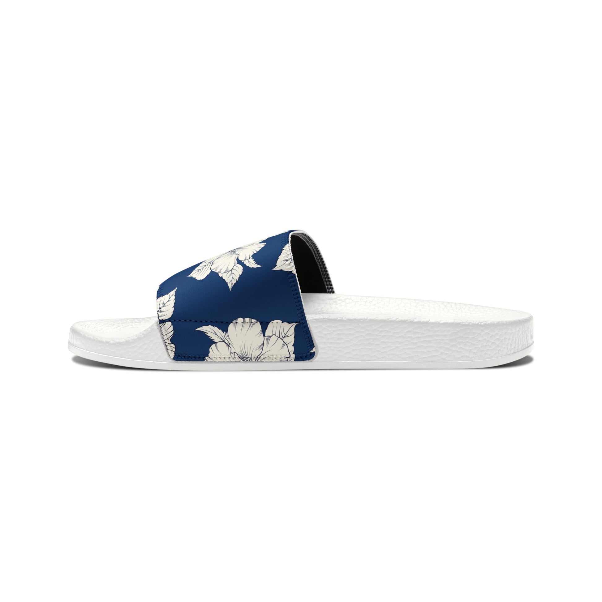 "Classic White Hibiscus in Blue" Women's Slide Sandals - Island Vibes For Life