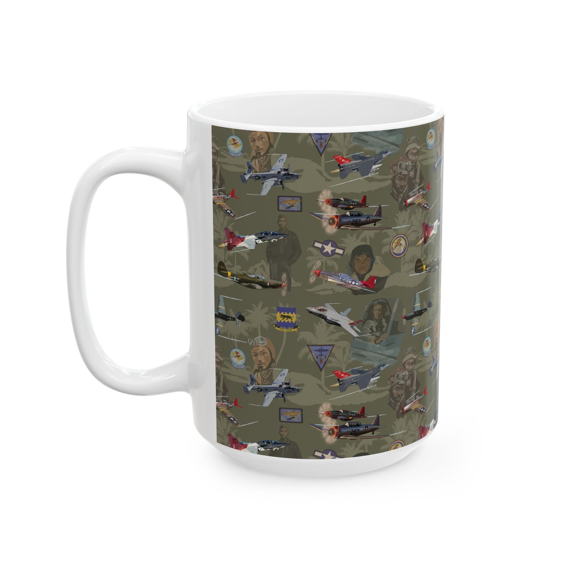 Green ceramic mug showcasing a design that honors the Tuskegee Airmen, available in both 11oz and 15oz sizes, perfect for aviation enthusiasts and history buffs.