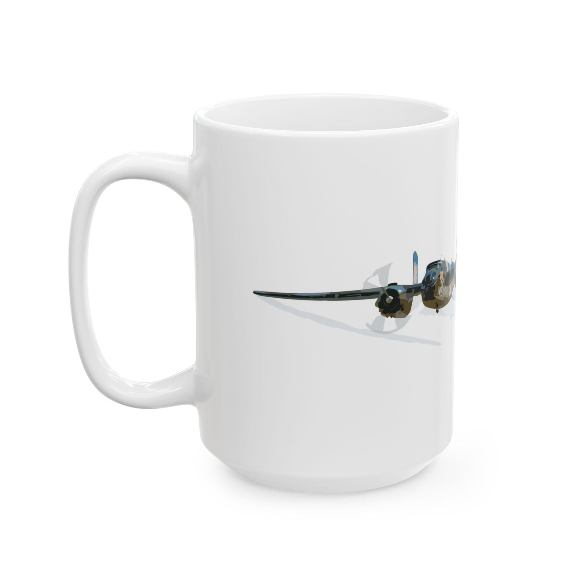 Vintage-inspired ceramic mug with detailed "Berlin Express" B-25 bomber nose art, available in two sizes: 11oz and 15oz, perfect for military history enthusiasts.