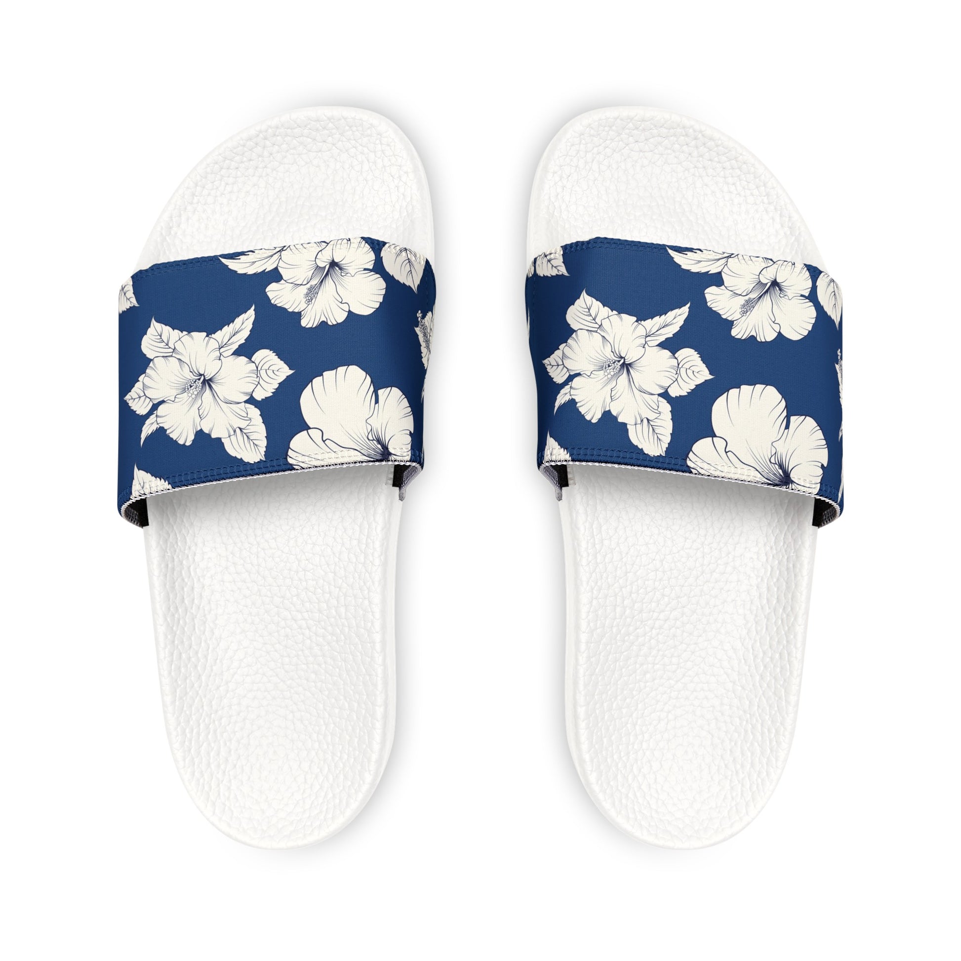 "Classic White Hibiscus in Blue" Women's Slide Sandals - Island Vibes For Life