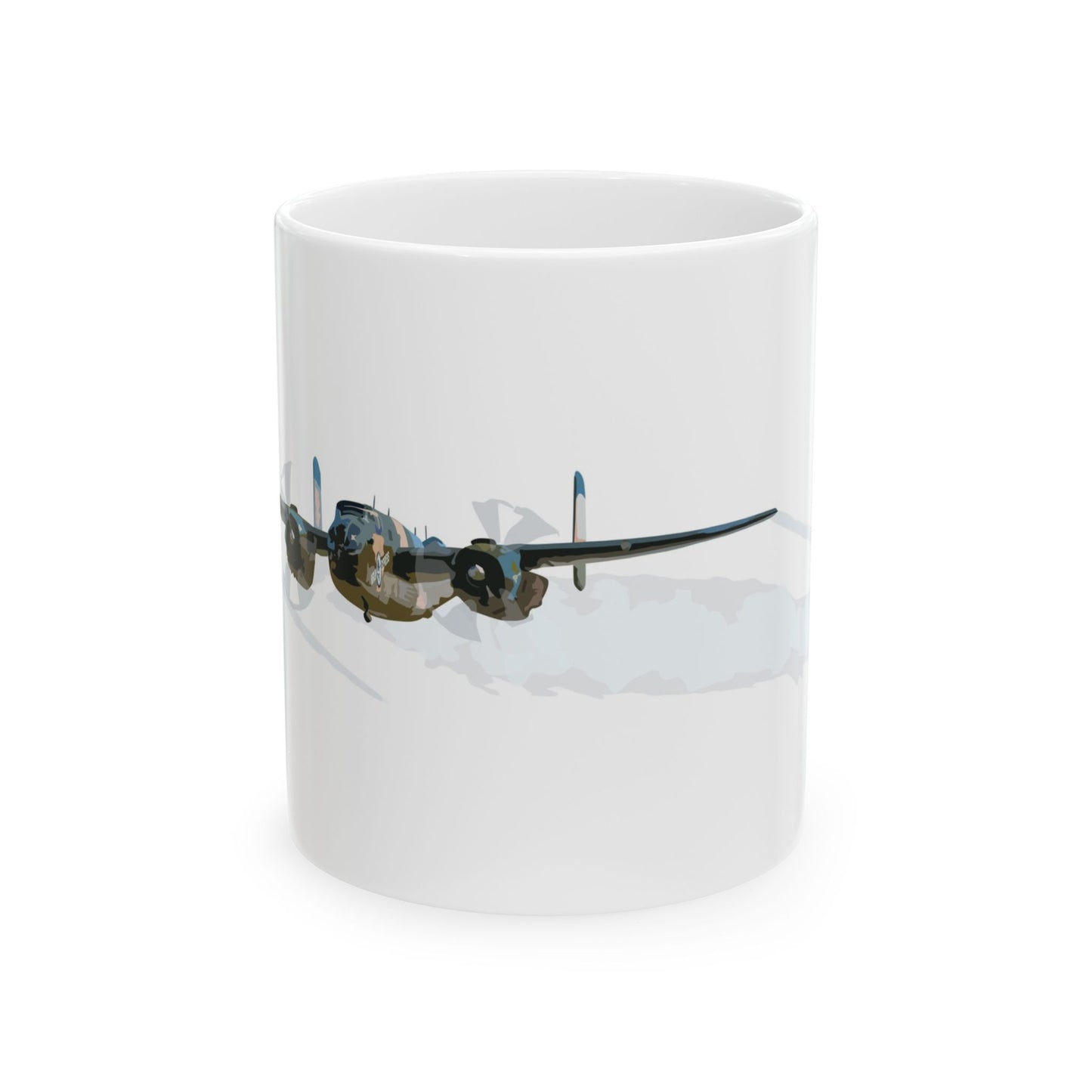 Beige ceramic mug featuring the "Berlin Express" nose art from the B-25 Mitchell bomber, available in 11oz and 15oz sizes, with a glossy finish and comfortable C-handle