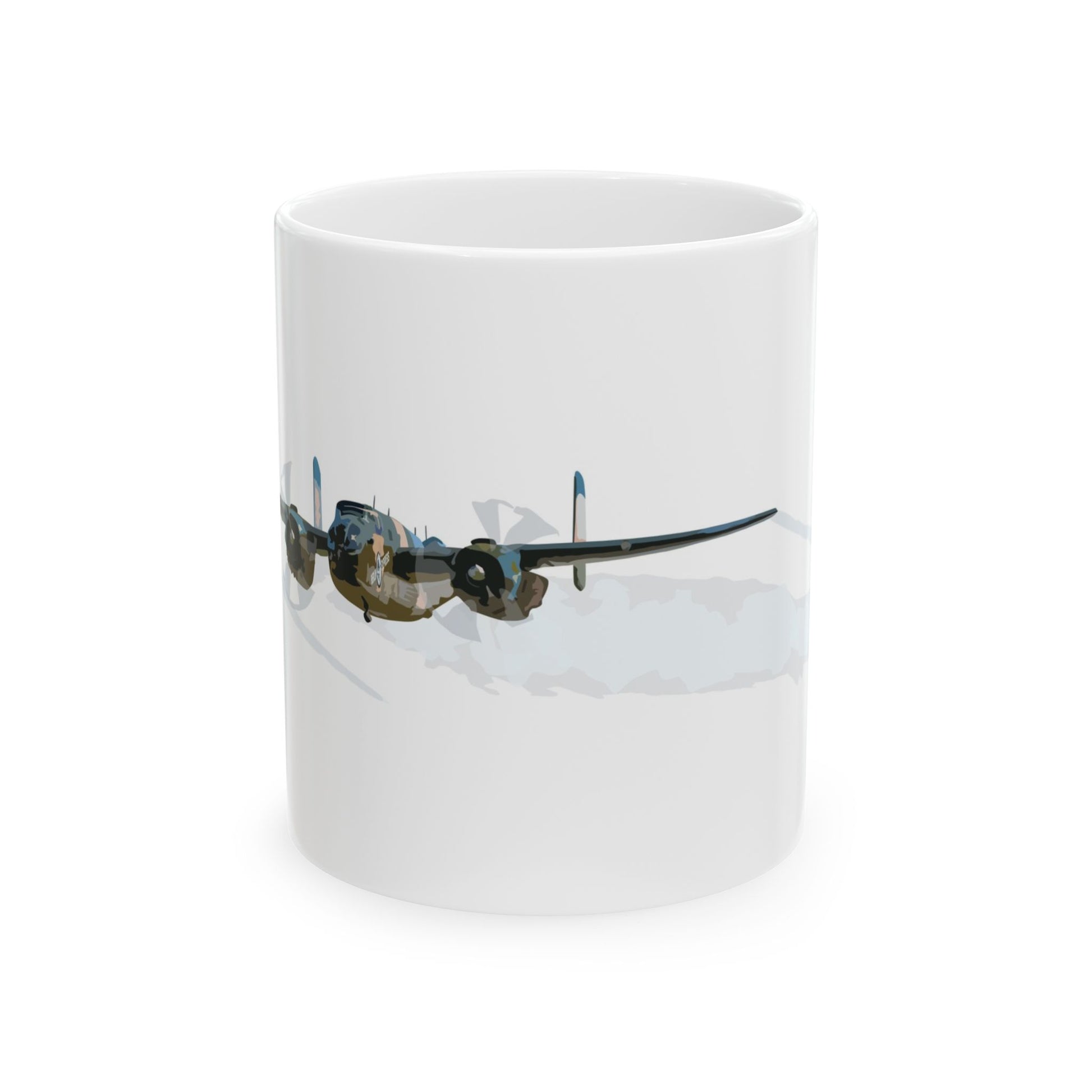 Beige ceramic mug featuring the "Berlin Express" nose art from the B-25 Mitchell bomber, available in 11oz and 15oz sizes, with a glossy finish and comfortable C-handle