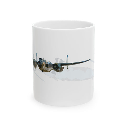 Beige ceramic mug featuring the "Berlin Express" nose art from the B-25 Mitchell bomber, available in 11oz and 15oz sizes, with a glossy finish and comfortable C-handle
