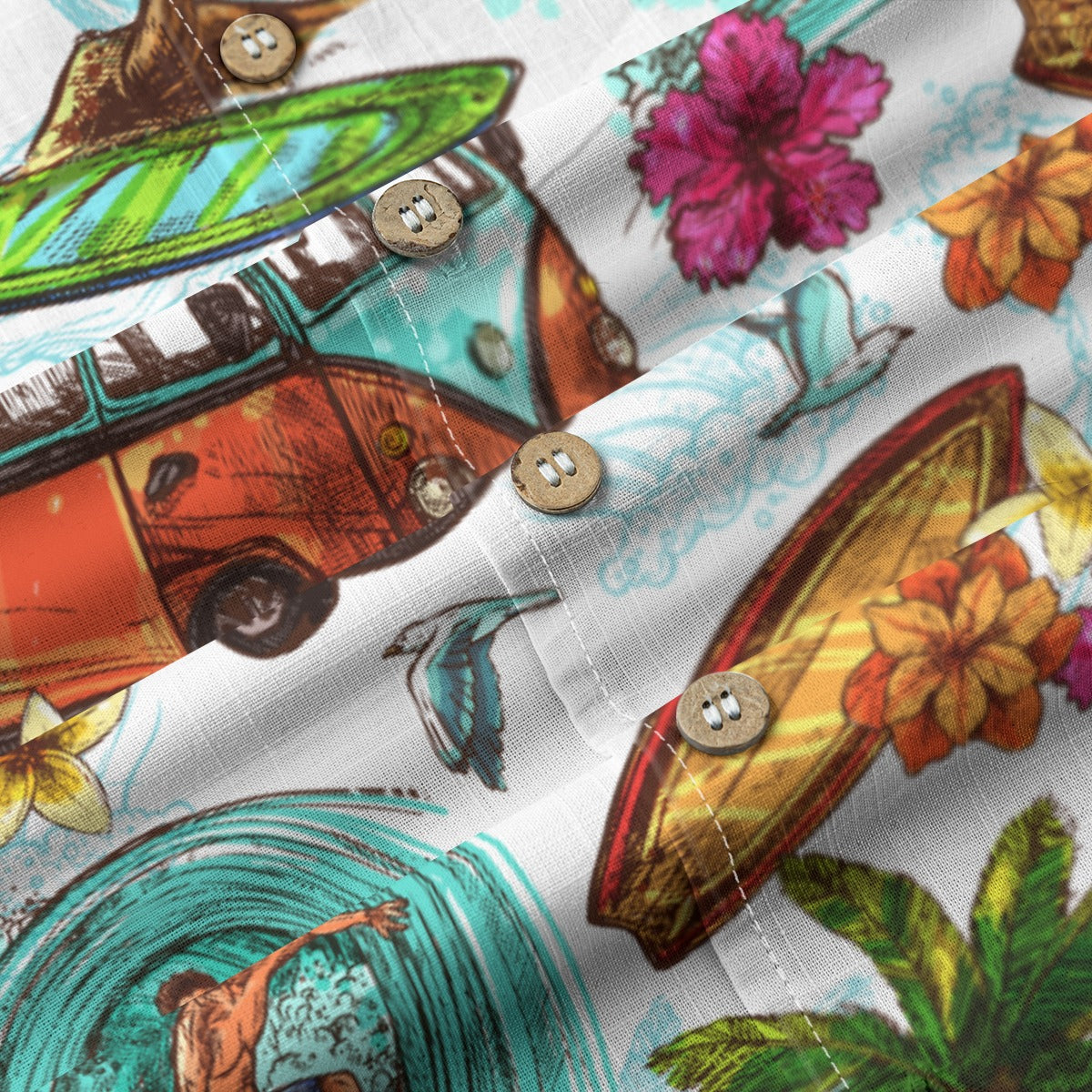 "Microbus and Surfboards" Hawaiian Shirt - 100% Cotton