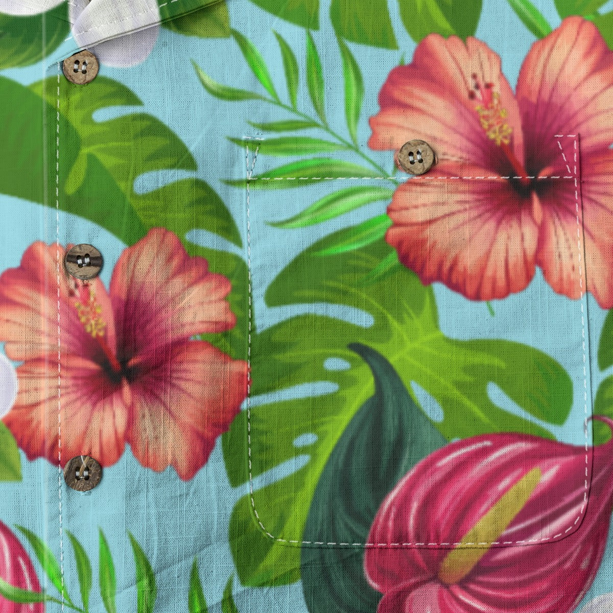 "Jungle Odyssey Hues: Celadon Blue" Hawaiian Shirt - 100% Cotton