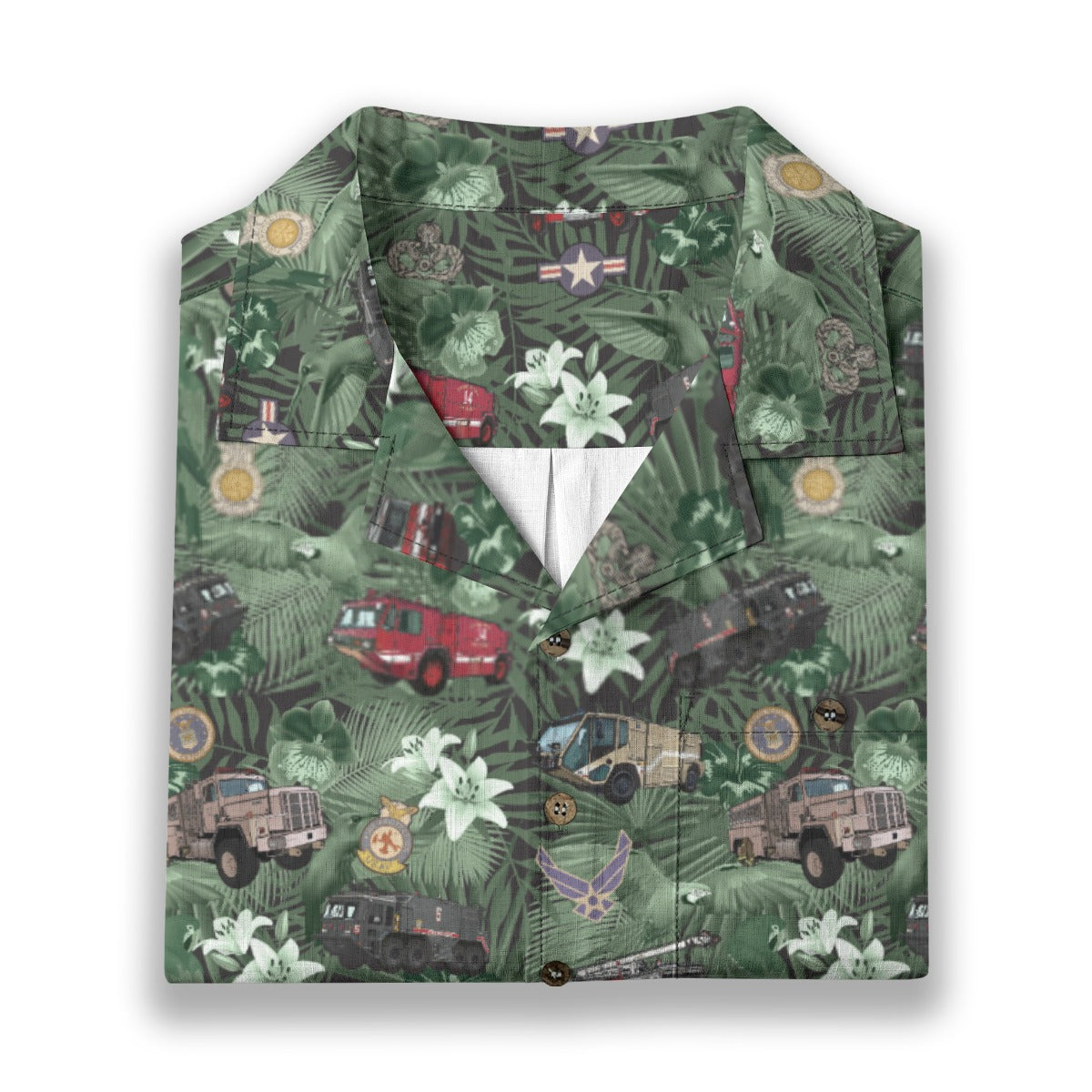 Hawaiian Shirt - "The Goodfellow Era ARFF Trucks" - Green100% Cotton