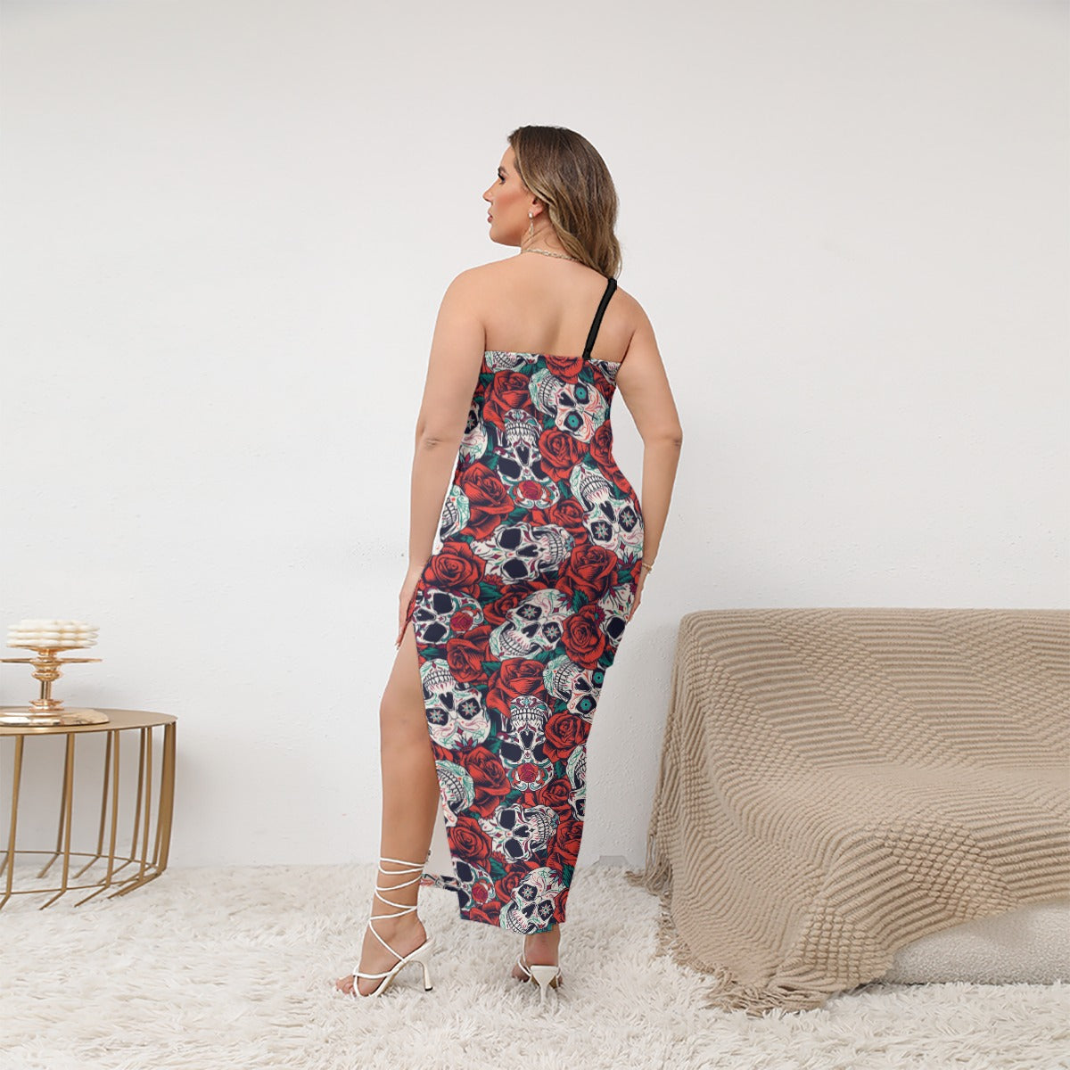 "Dia De Muertos in Roses" Women's Oblique-Shoulder Exposure Dress With Side Split (Plus Size)