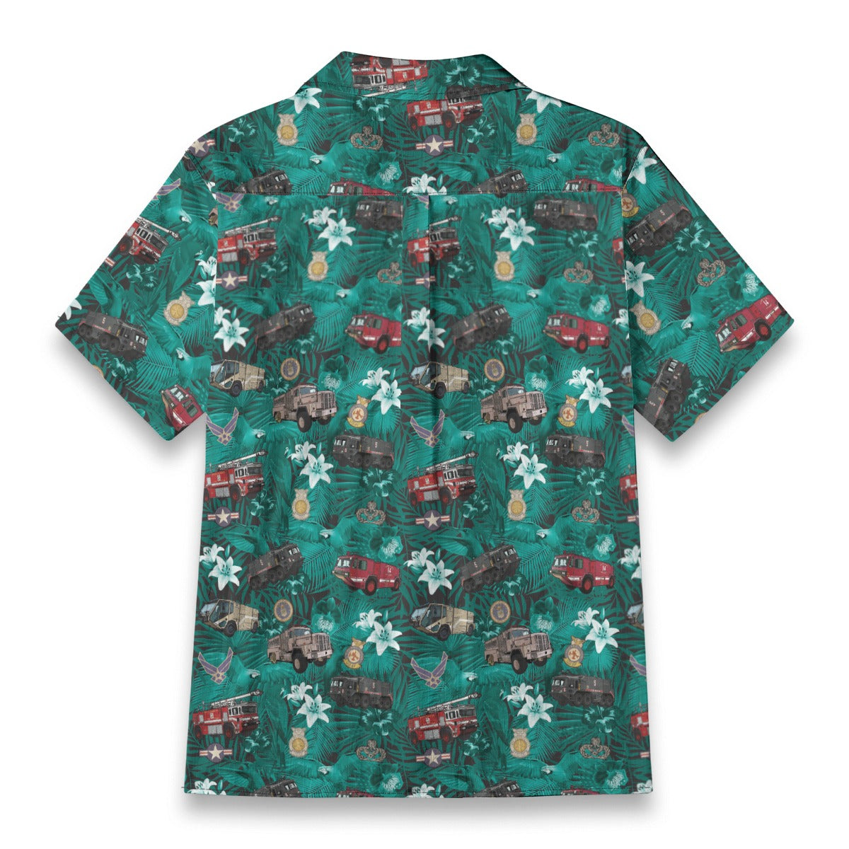 Hawaiian Shirt - "The Goodfellow Era ARFF Trucks" - Turquoise 100% Cotton