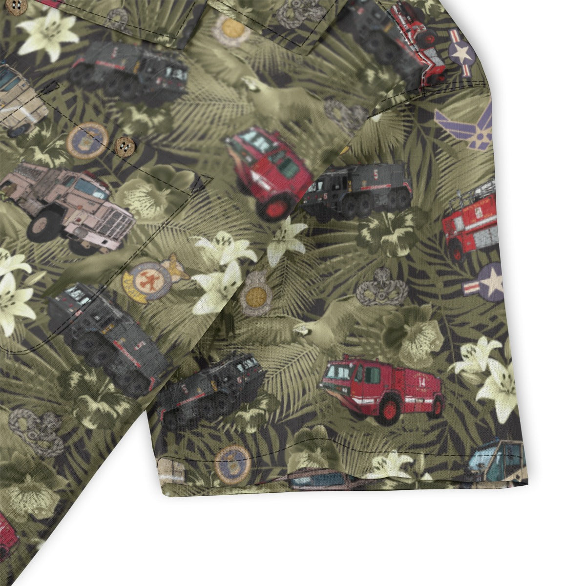 Hawaiian Shirt - "The Goodfellow Era ARFF Trucks" - Olive Green 100% Cotton