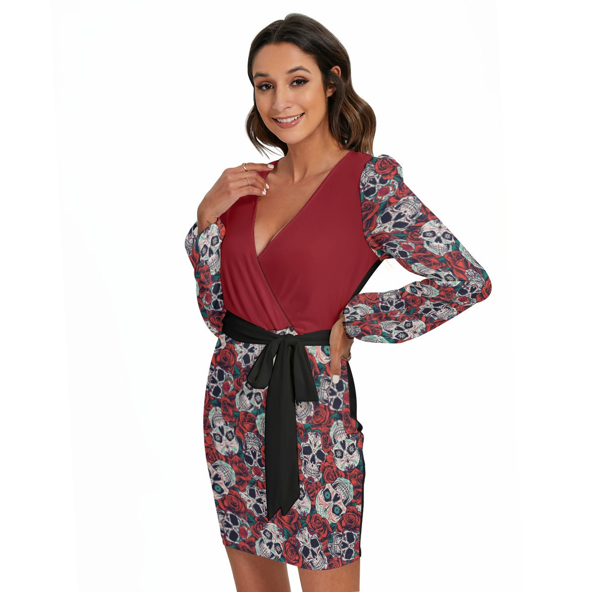 "Dia de Muertos in Roses" Women's Long Sleeve Dress With Waist Belt