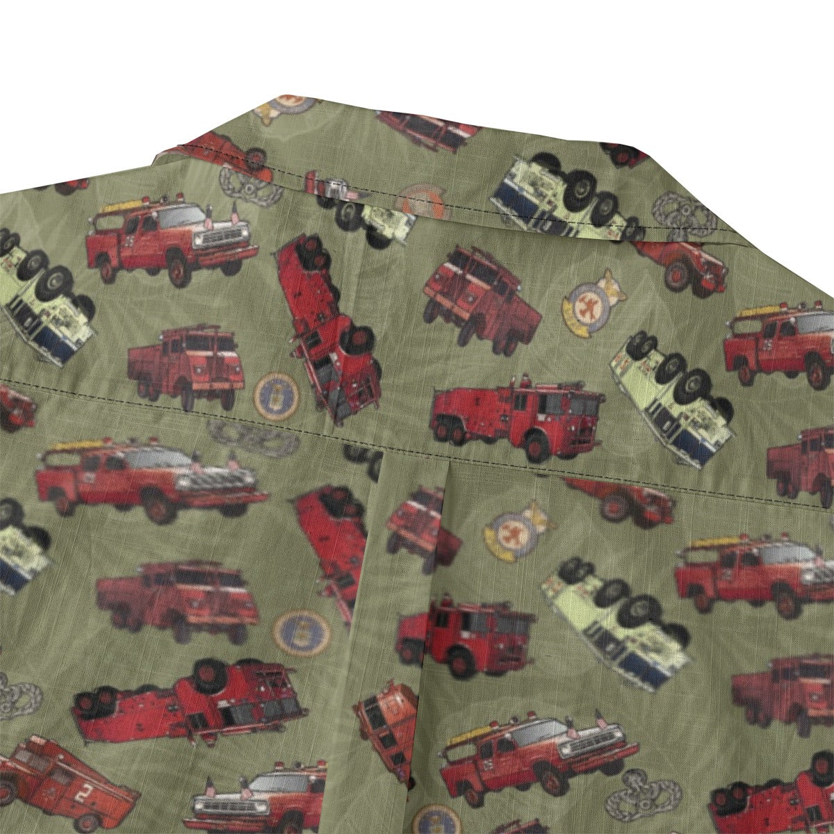 Hawaiian Shirt - "Vietnam Era Crash Trucks" - Olive Green 100% Cotton