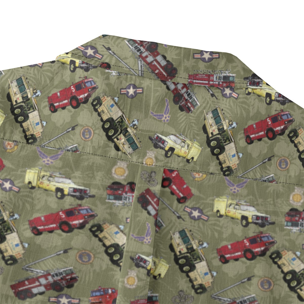 Hawaiian Shirt - "Chanute Era Crash Trucks" - Olive Green 100% Cotton