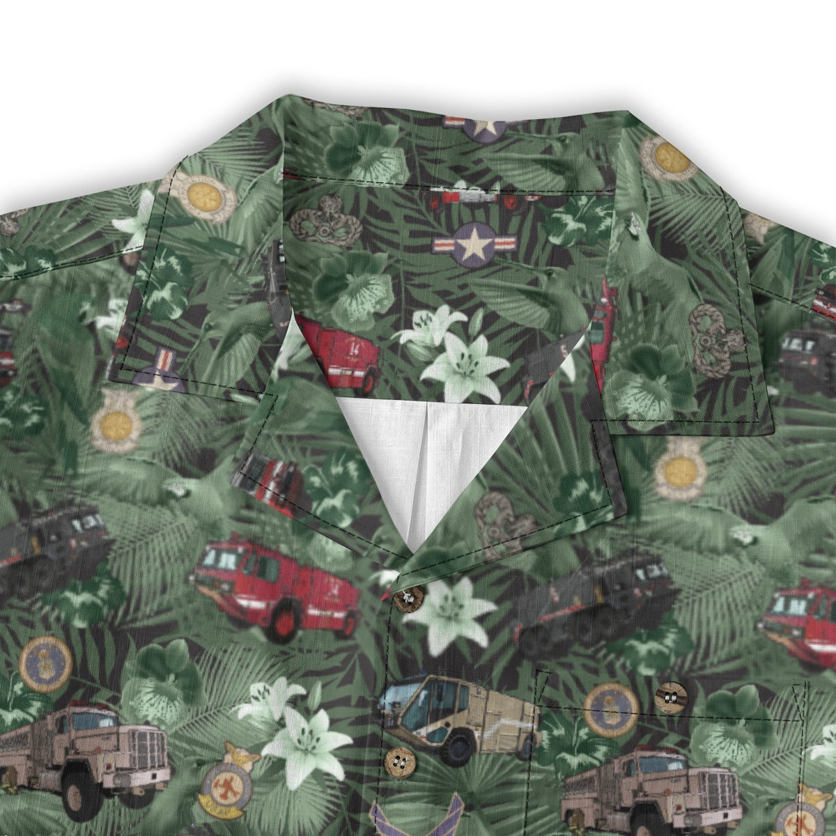 Hawaiian Shirt - "The Goodfellow Era ARFF Trucks" - Green100% Cotton