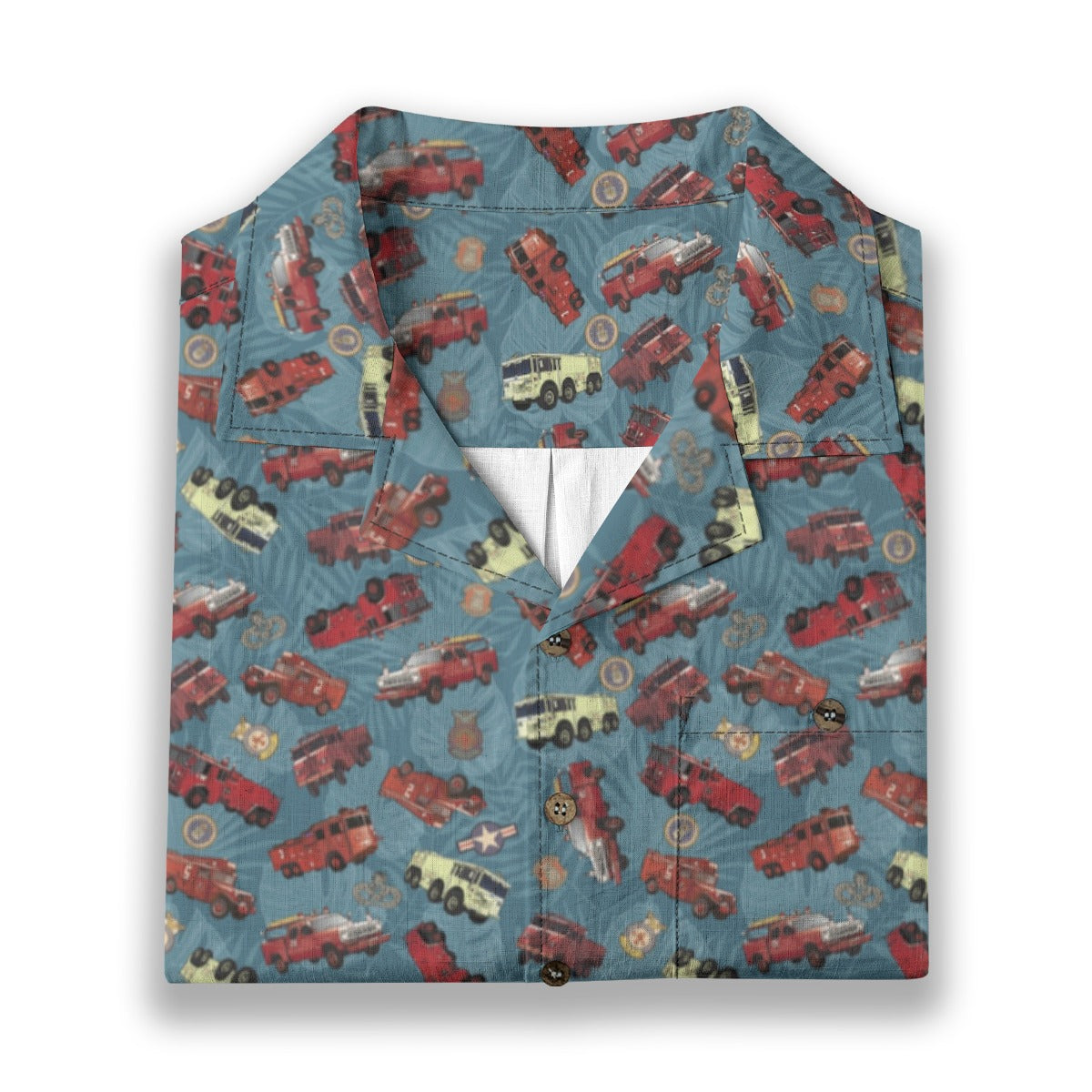 Hawaiian Shirt - "Vietnam Era Crash Trucks" - Light Blue 100% Cotton