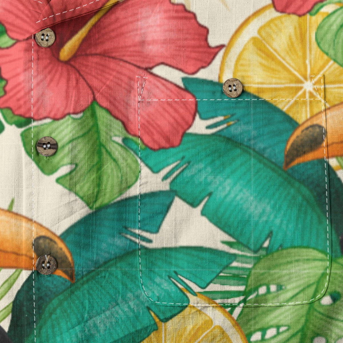 "Toucans Hiding in Hibiscus" Hawaiian Shirt - 100% Cotton
