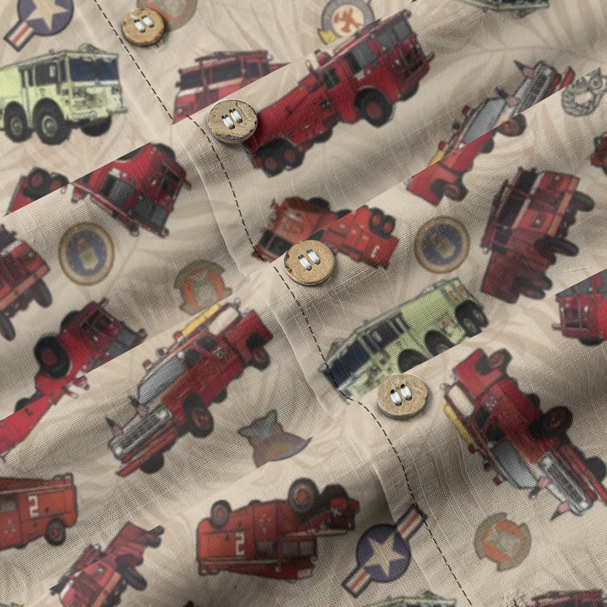Hawaiian Shirt - "Vietnam Era Crash Trucks" - Beige 100% Cotton