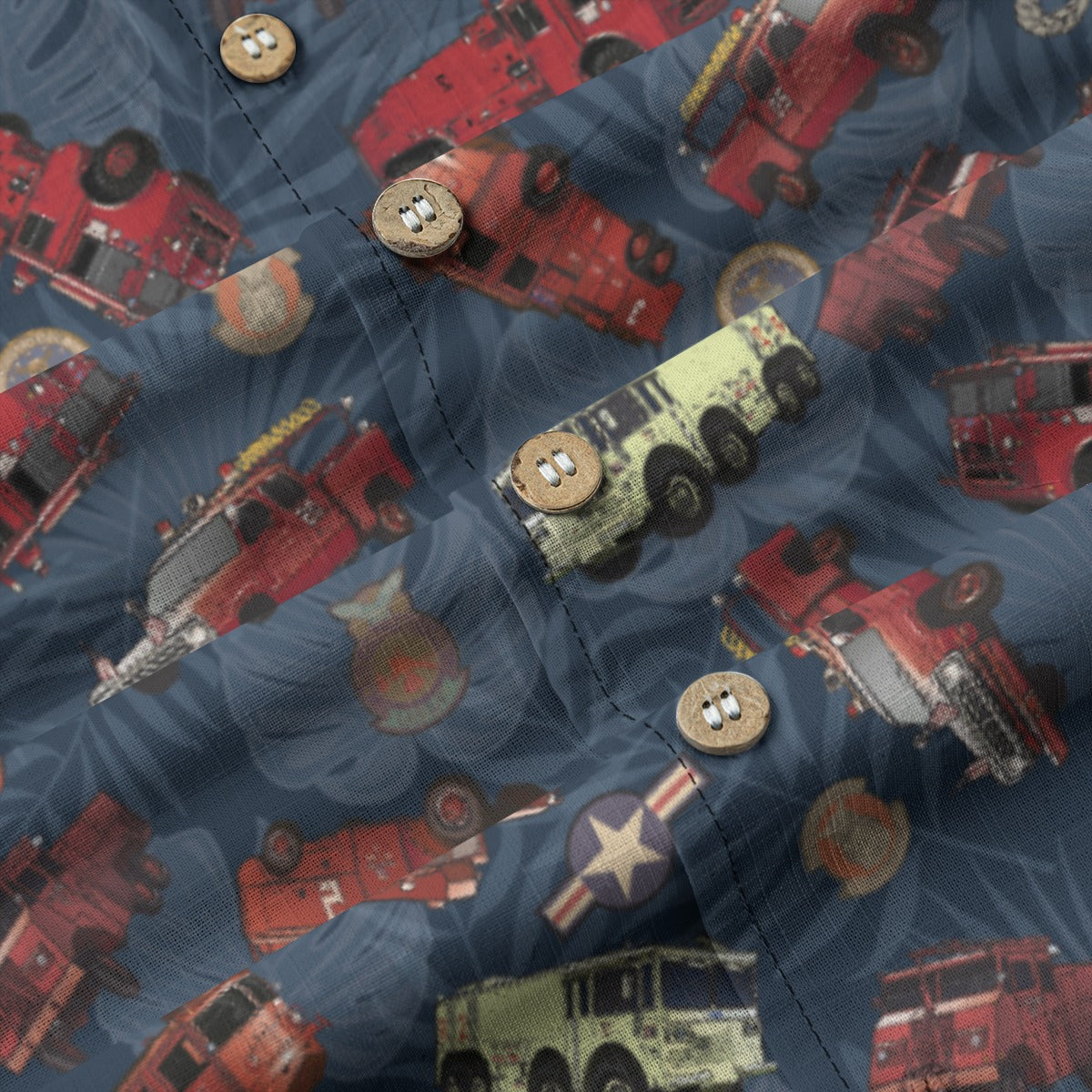 Hawaiian Shirt - "Vietnam Era Crash Trucks" - Dark Blue 100% Cotton