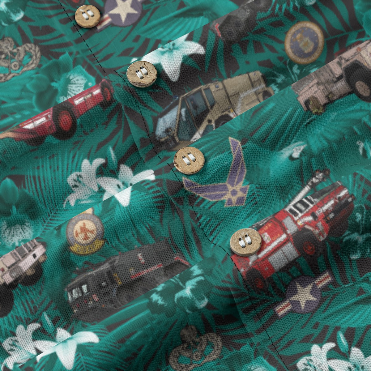 Hawaiian Shirt - "The Goodfellow Era ARFF Trucks" - Turquoise 100% Cotton
