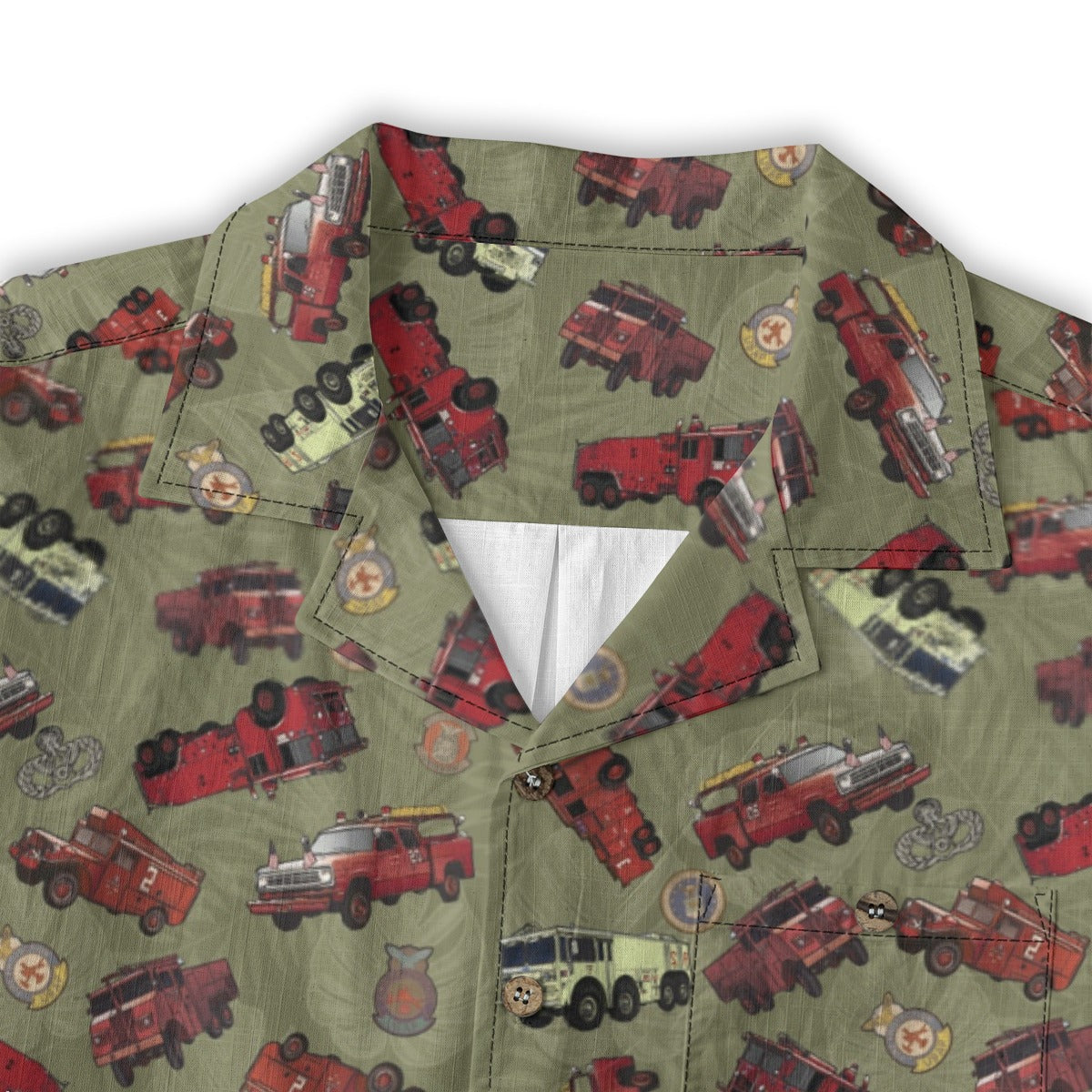 Hawaiian Shirt - "Vietnam Era Crash Trucks" - Olive Green 100% Cotton