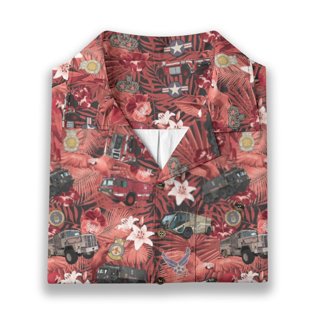 Hawaiian Shirt - "The Goodfellow Era ARFF Trucks" - Red 100% Cotton