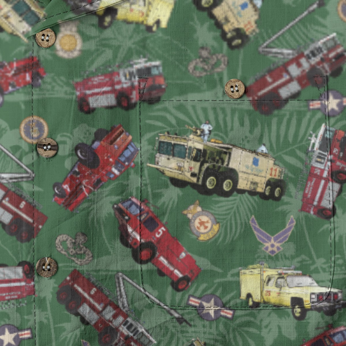 Hawaiian Shirt - "Chanute Era Crash Trucks" - Green 100% Cotton