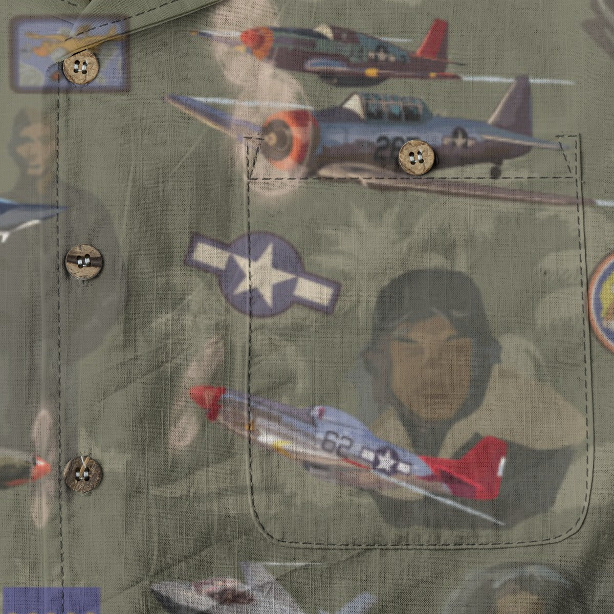 "Tuskegee Airmen" Hawaiian Tribute Shirt Green 100%  Cotton
