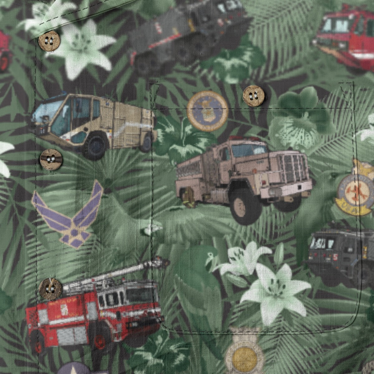 Hawaiian Shirt - "The Goodfellow Era ARFF Trucks" - Green100% Cotton