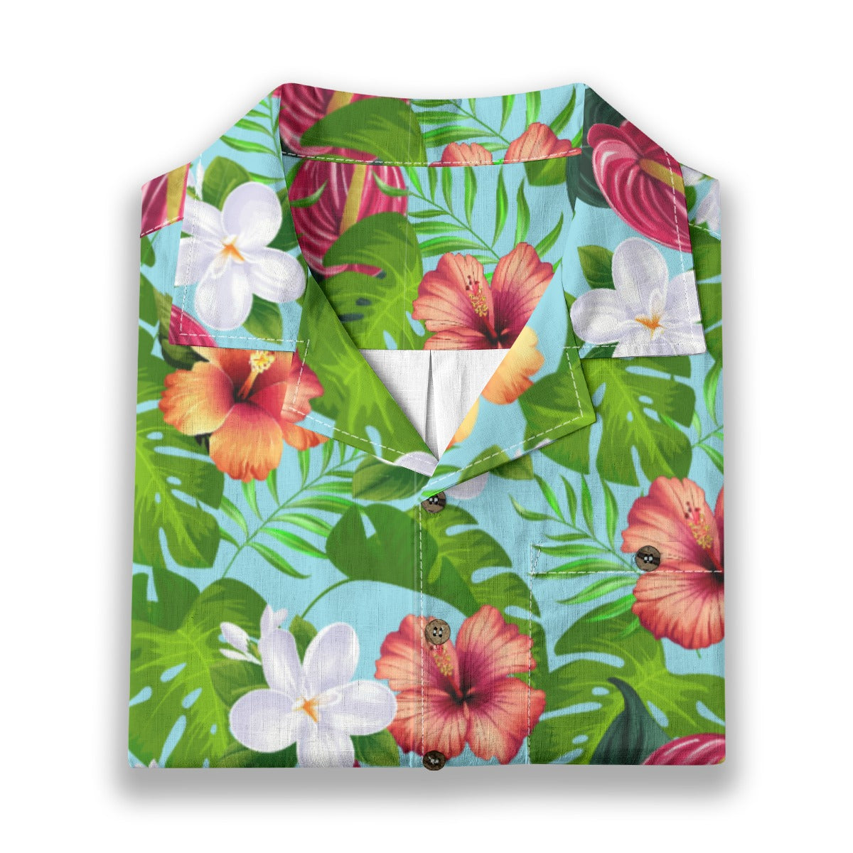 "Jungle Odyssey Hues: Celadon Blue" Hawaiian Shirt - 100% Cotton