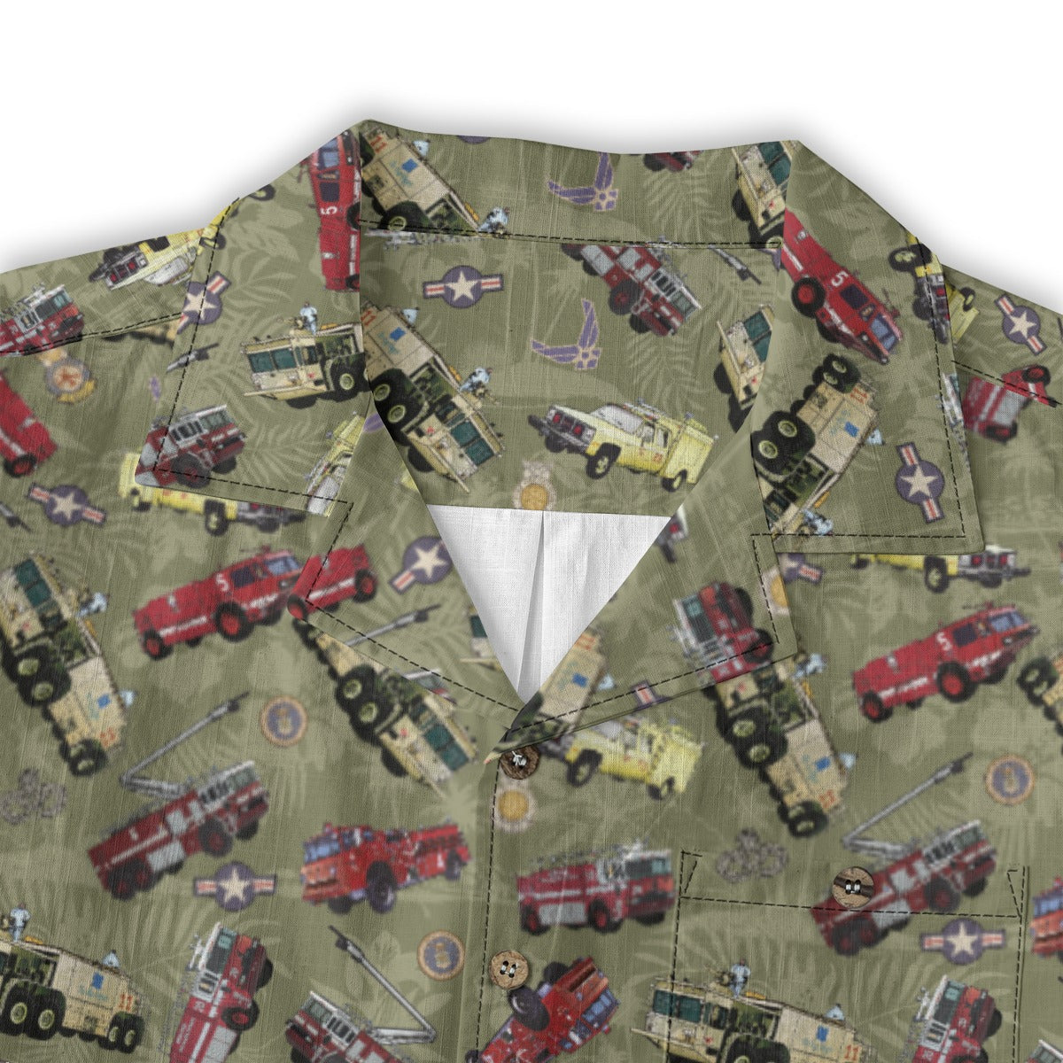 Hawaiian Shirt - "Chanute Era Crash Trucks" - Olive Green 100% Cotton