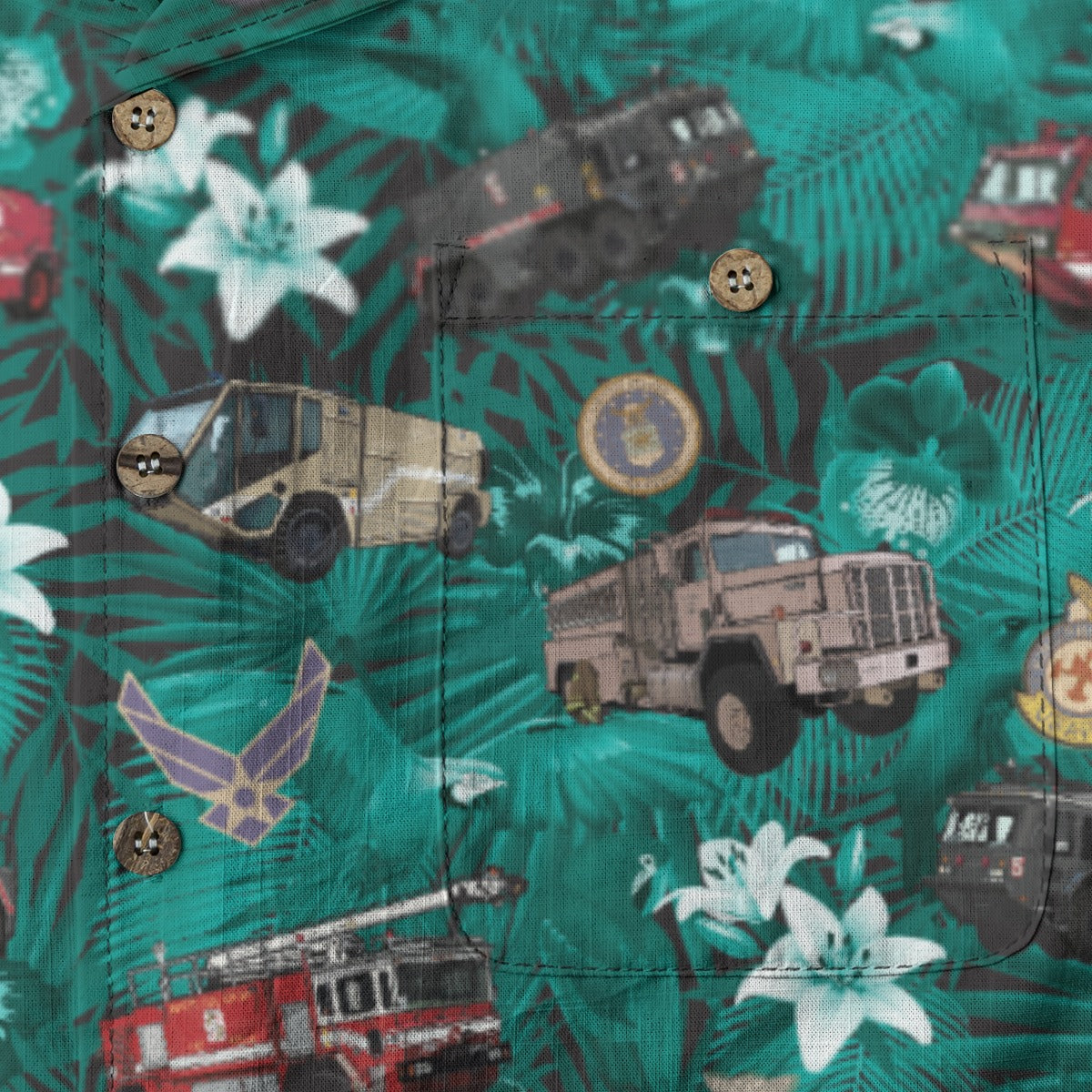 Hawaiian Shirt - "The Goodfellow Era ARFF Trucks" - Turquoise 100% Cotton