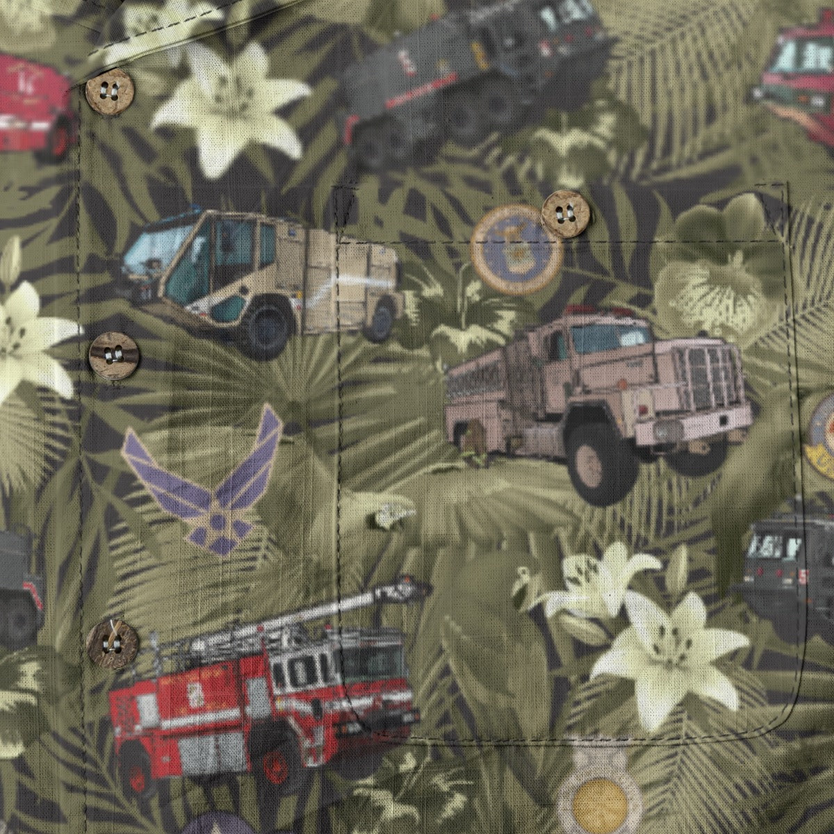 Hawaiian Shirt - "The Goodfellow Era ARFF Trucks" - Olive Green 100% Cotton
