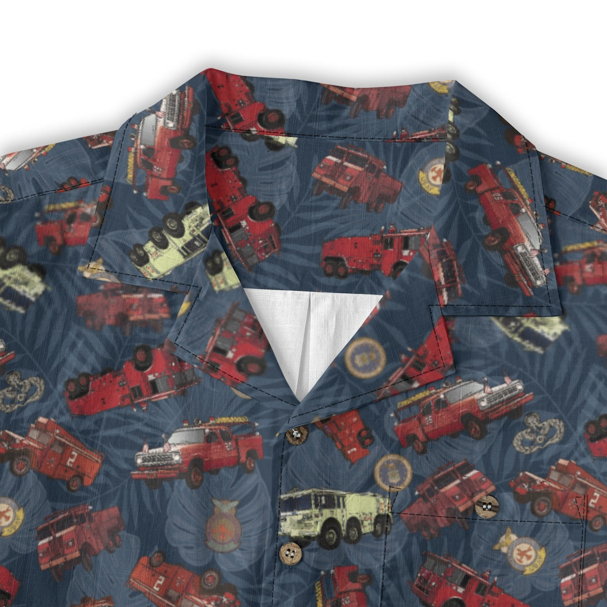Hawaiian Shirt - "Vietnam Era Crash Trucks" - Dark Blue 100% Cotton