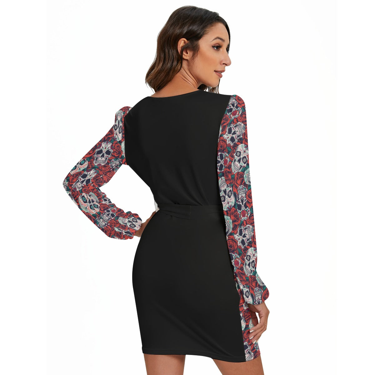 "Dia de Muertos in Roses" Women's Long Sleeve Dress With Waist Belt