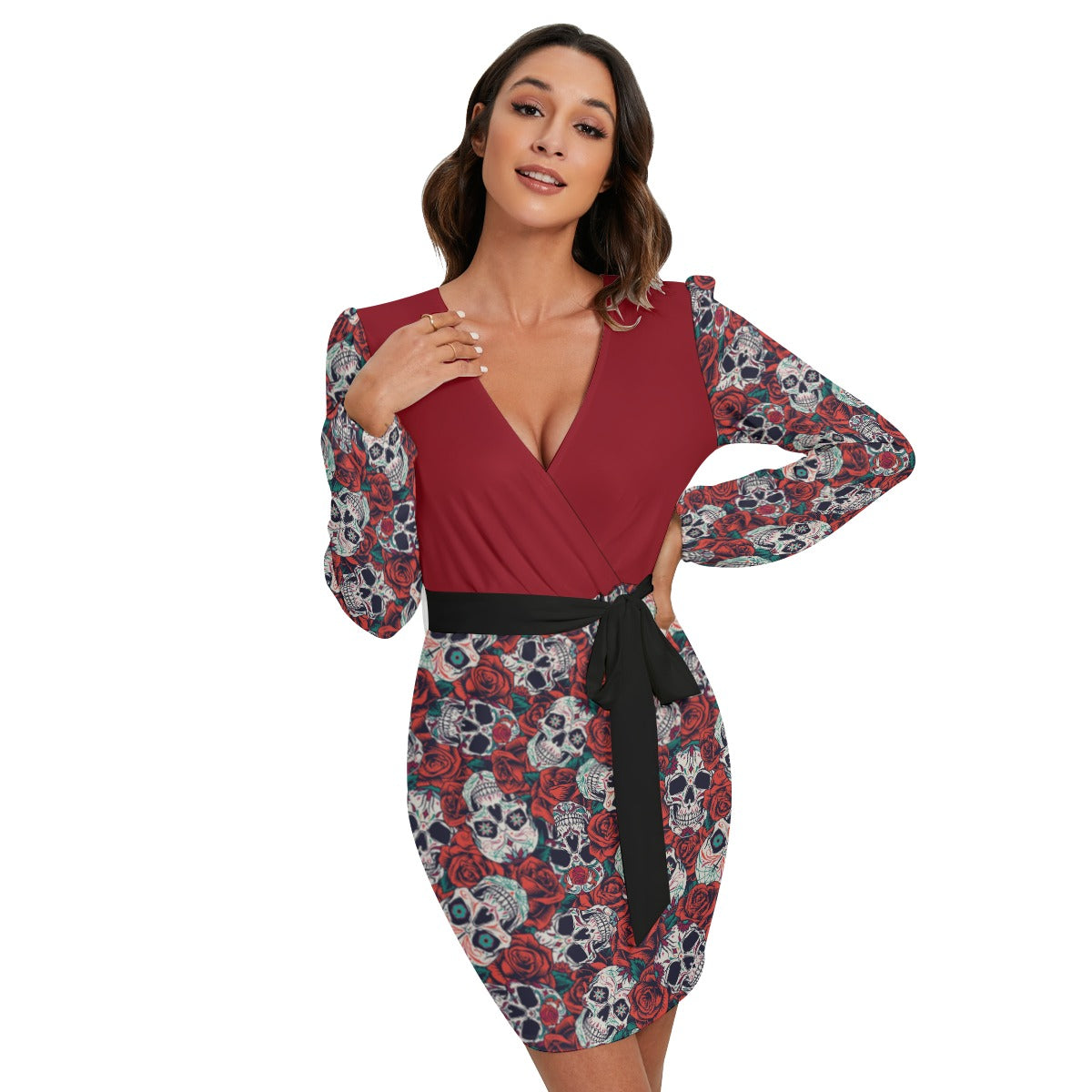 "Dia de Muertos in Roses" Women's Long Sleeve Dress With Waist Belt