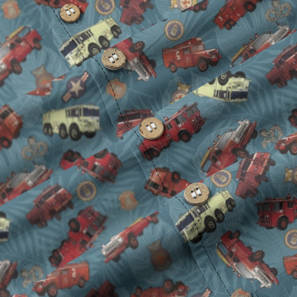 Hawaiian Shirt - "Vietnam Era Crash Trucks" - Light Blue 100% Cotton