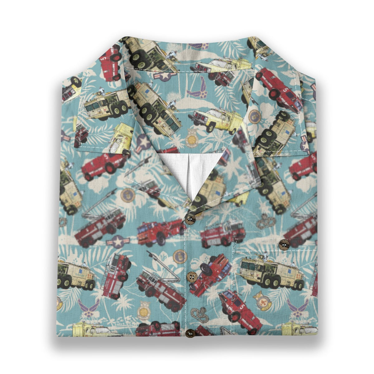 Hawaiian Shirt - "Chanute Era Crash Trucks" - Light Blue 100% Cotton