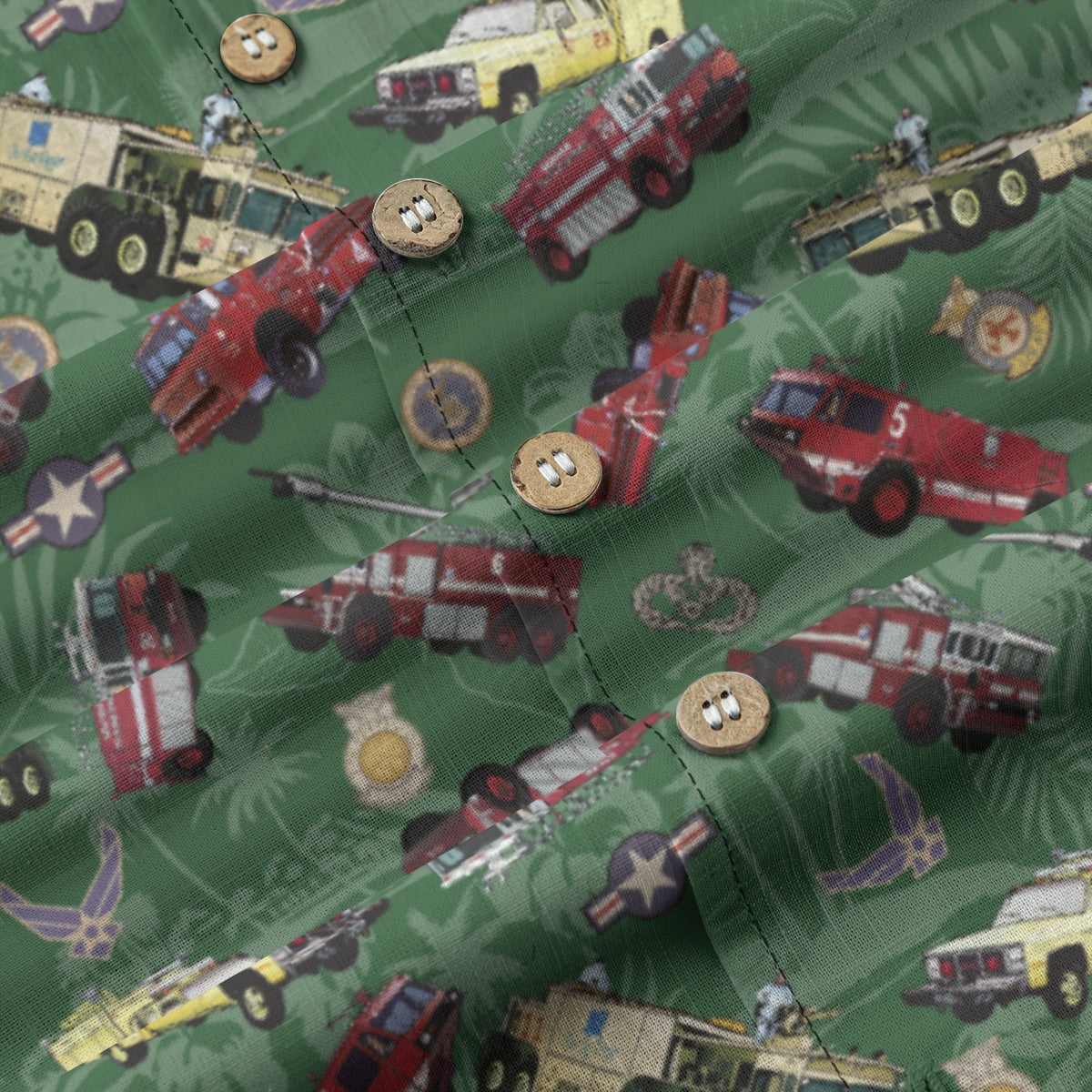 Hawaiian Shirt - "Chanute Era Crash Trucks" - Green 100% Cotton