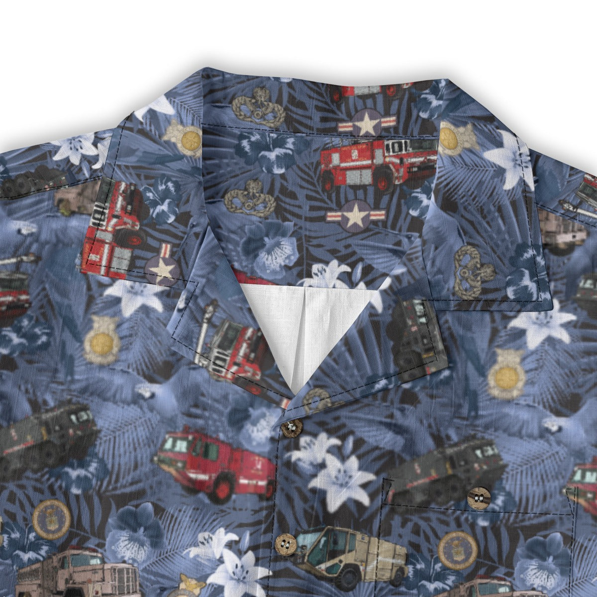 Hawaiian Shirt - "The Goodfellow Era ARFF Trucks" - Blue 100% Cotton