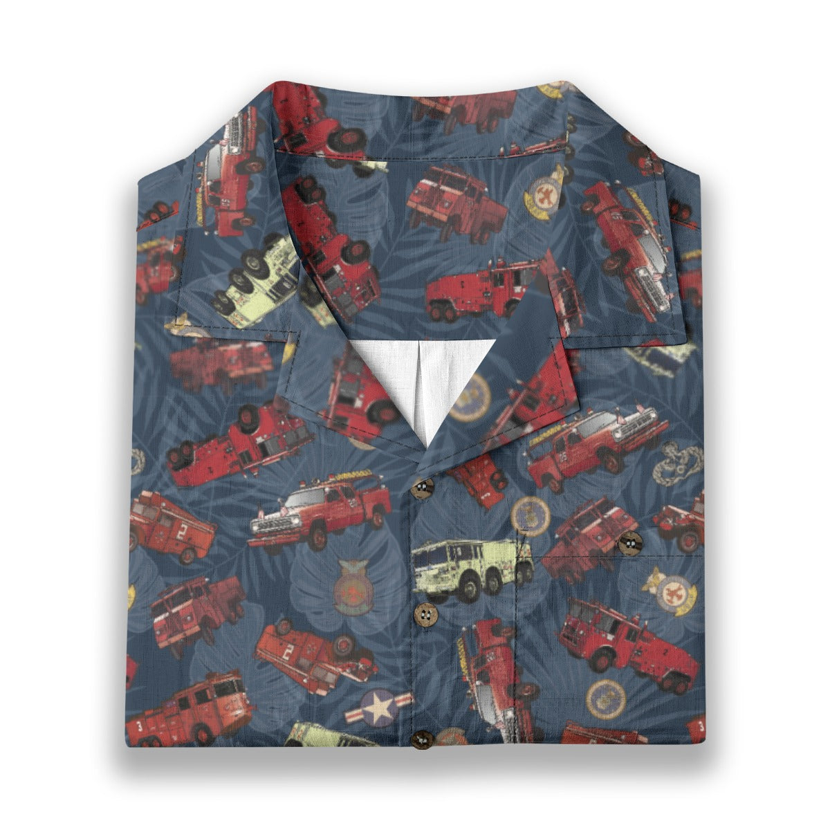 Hawaiian Shirt - "Vietnam Era Crash Trucks" - Dark Blue 100% Cotton