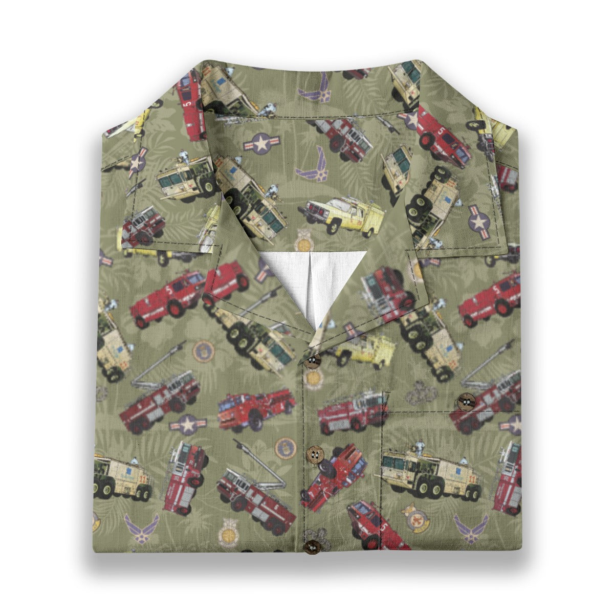 Hawaiian Shirt - "Chanute Era Crash Trucks" - Olive Green 100% Cotton