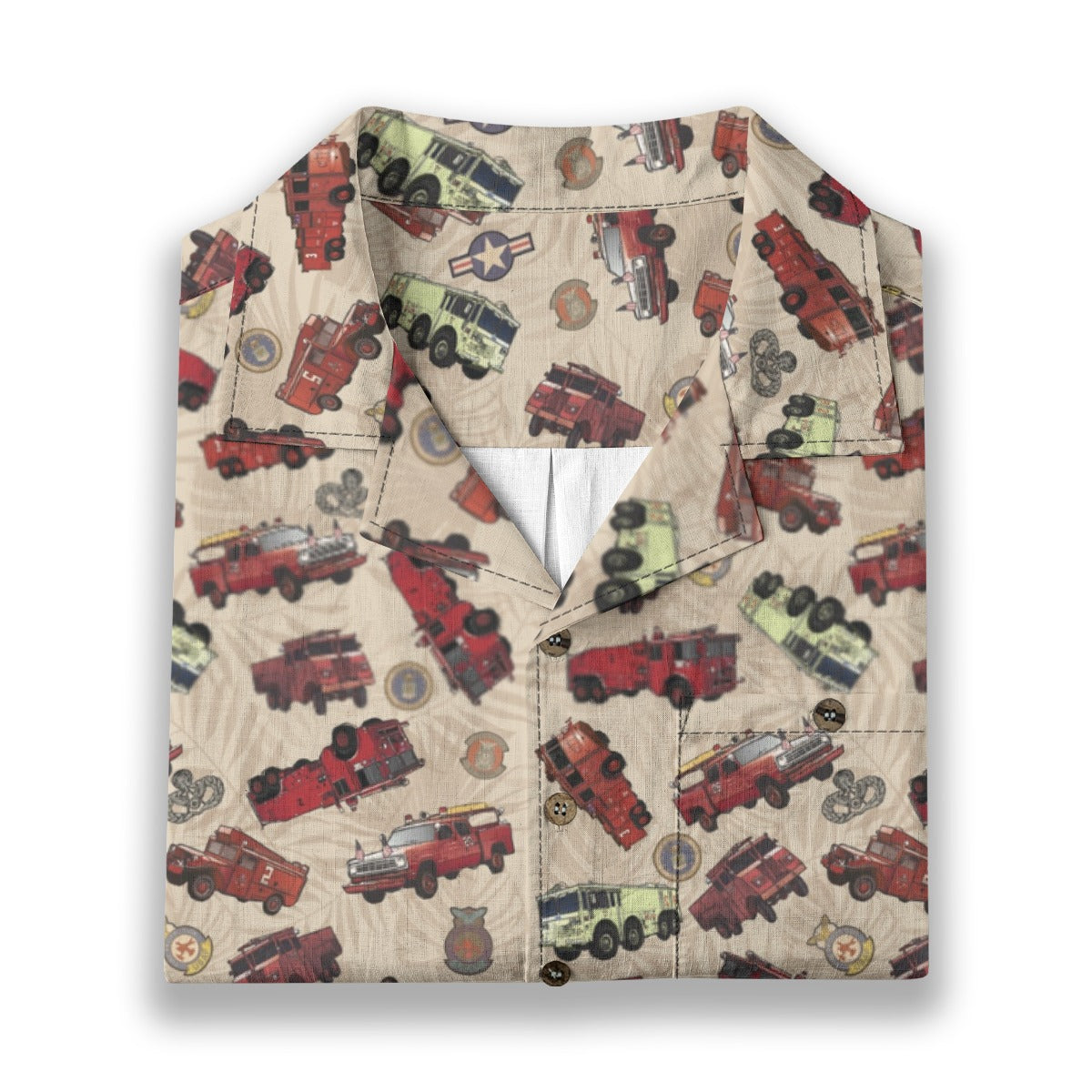 Hawaiian Shirt - "Vietnam Era Crash Trucks" - Beige 100% Cotton