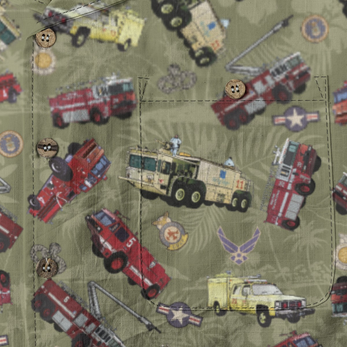 Hawaiian Shirt - "Chanute Era Crash Trucks" - Olive Green 100% Cotton