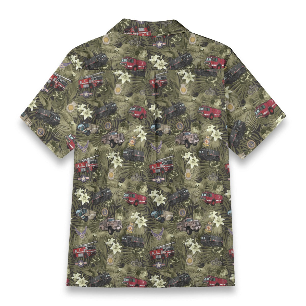 Hawaiian Shirt - "The Goodfellow Era ARFF Trucks" - Olive Green 100% Cotton