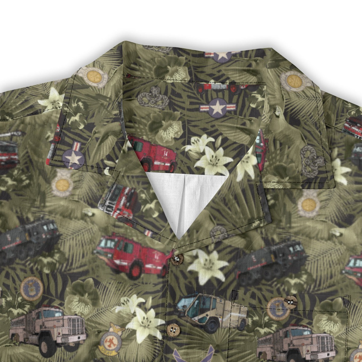 Hawaiian Shirt - "The Goodfellow Era ARFF Trucks" - Olive Green 100% Cotton