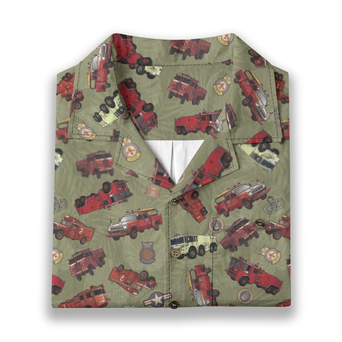 Hawaiian Shirt - "Vietnam Era Crash Trucks" - Olive Green 100% Cotton