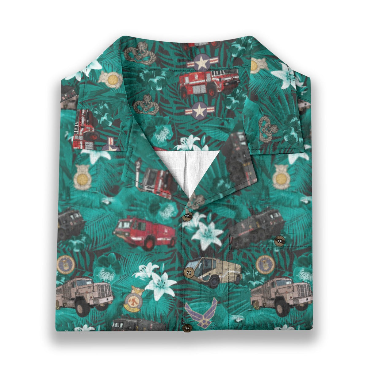 Hawaiian Shirt - "The Goodfellow Era ARFF Trucks" - Turquoise 100% Cotton