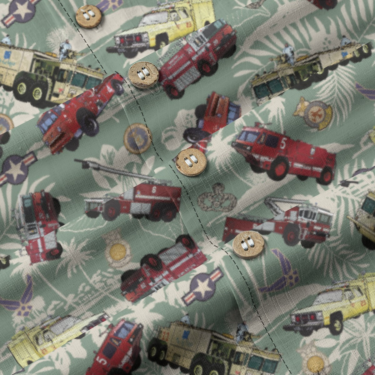 Hawaiian Shirt - "Chanute Era Crash Trucks" - Light Green 100% Cotton