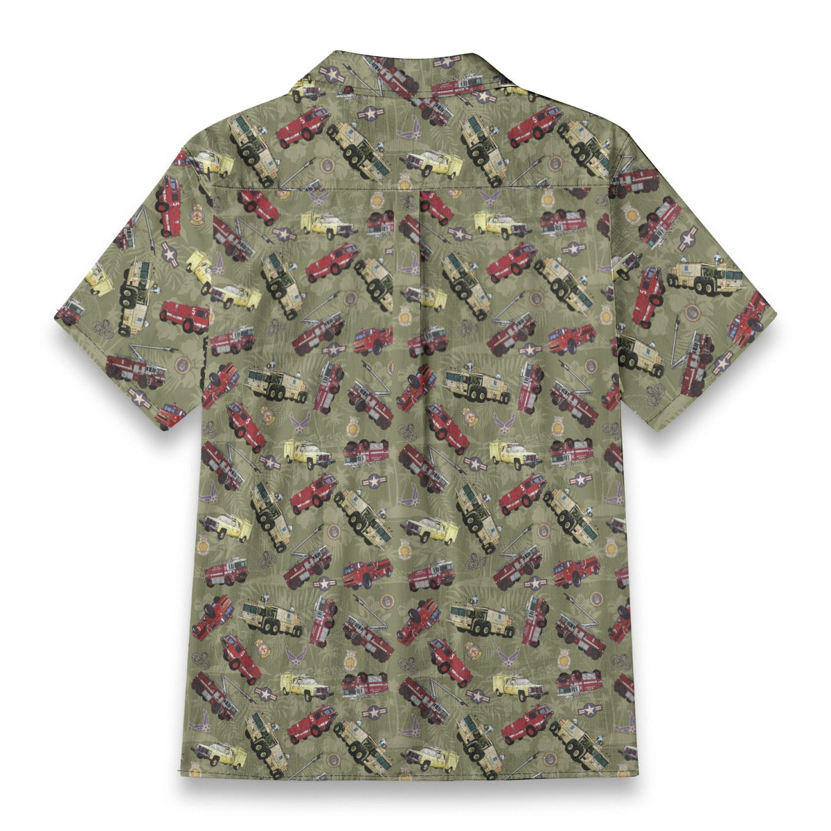 Hawaiian Shirt - "Chanute Era Crash Trucks" - Olive Green 100% Cotton