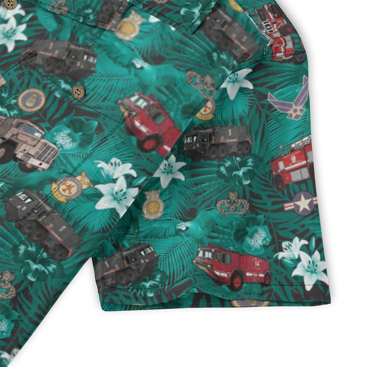 Hawaiian Shirt - "The Goodfellow Era ARFF Trucks" - Turquoise 100% Cotton