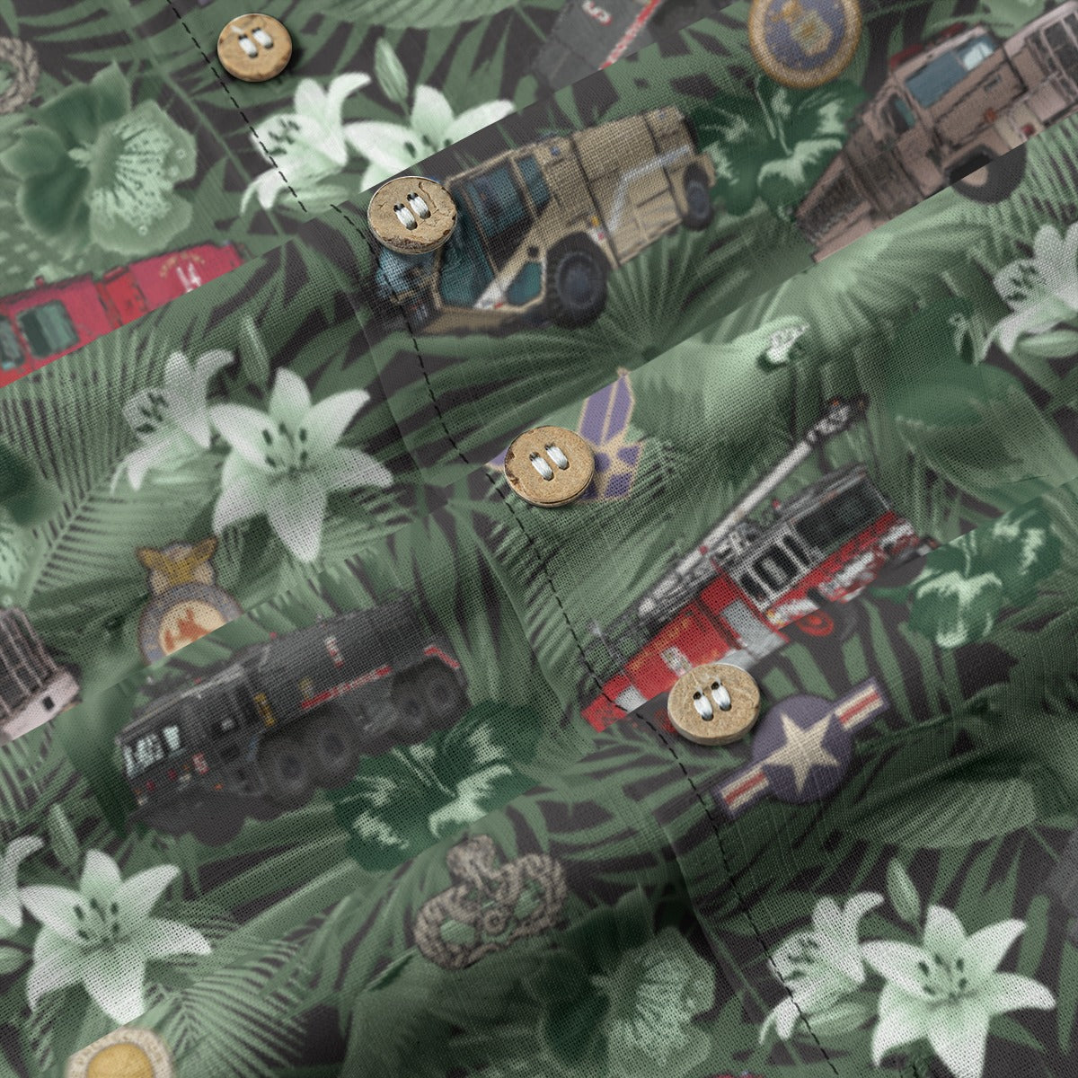 Hawaiian Shirt - "The Goodfellow Era ARFF Trucks" - Green100% Cotton